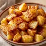 Close-up of air fryer crispy potatoes with golden brown texture and minimal background.