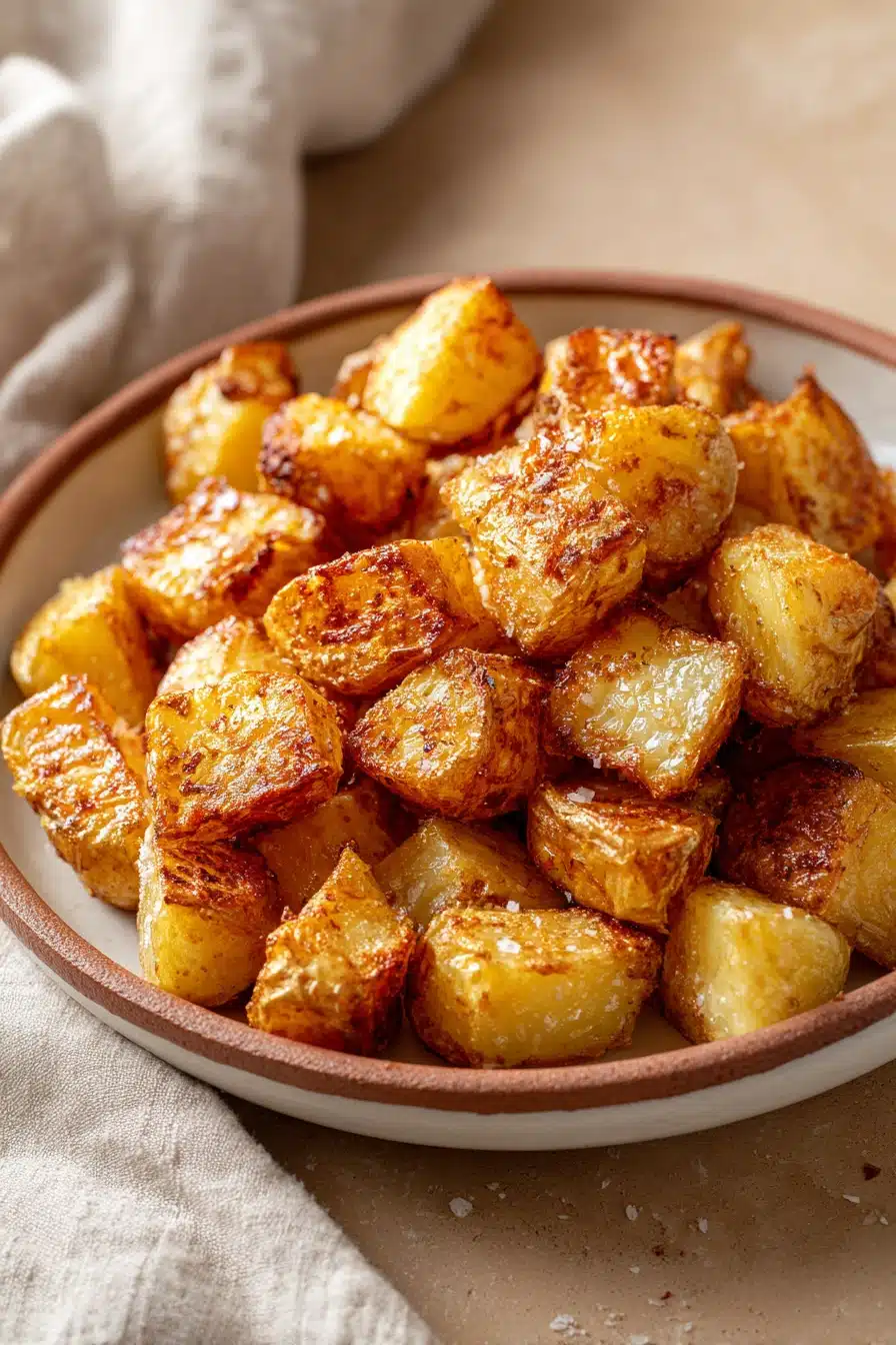 Close-up of air fryer crispy potatoes with golden brown texture and minimal background.