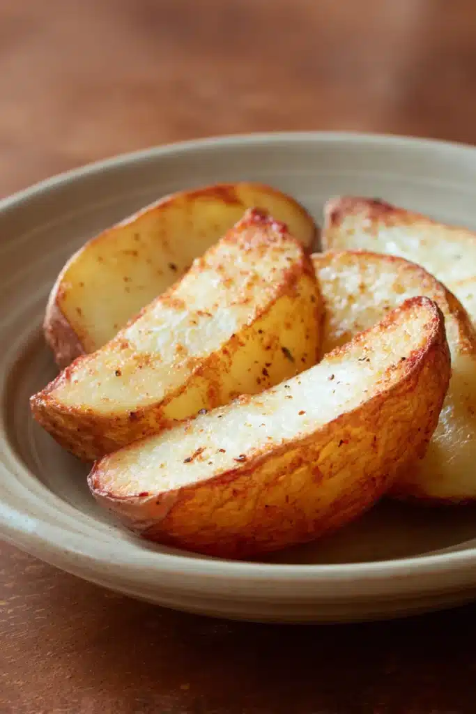 Close-up of crispy air fryer potato halves with golden brown edges on a white plate.