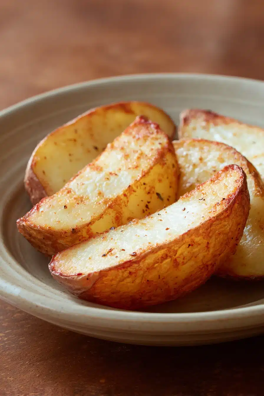 Close-up of crispy air fryer potato halves with golden brown edges on a white plate.