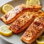 Close-up of air fryer salmon fillets with a golden crust and garnished with herbs.