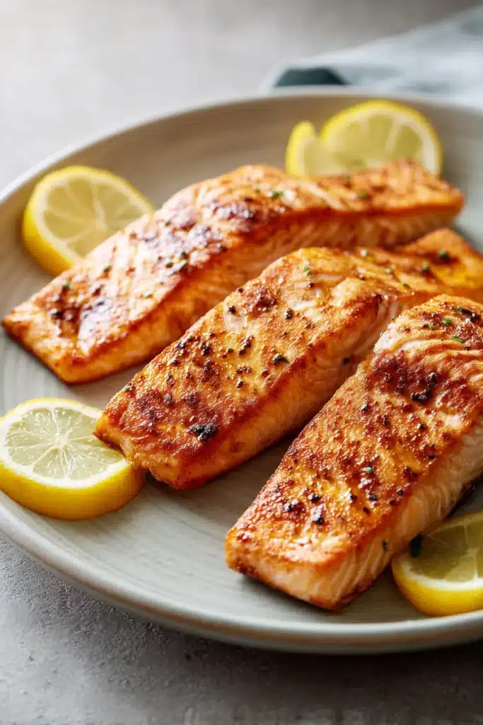 Close-up of air fryer salmon fillets with a golden crust and garnished with herbs.