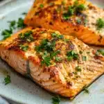 Close-up of air fryer salmon skinless with a golden crust and garnished with herbs