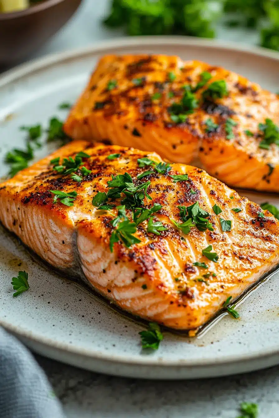 Close-up of air fryer salmon skinless with a golden crust and garnished with herbs