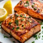 Close-up of air fryer salmon skinless with a golden crust on a white plate