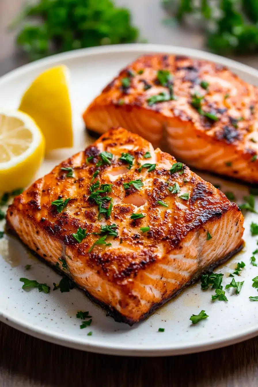 Close-up of air fryer salmon skinless with a golden crust on a white plate