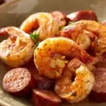 Close-up of air fryer shrimp and kielbasa with bright lighting and minimal background.