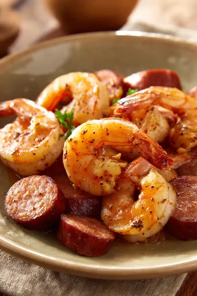 Close-up of air fryer shrimp and kielbasa with bright lighting and minimal background.