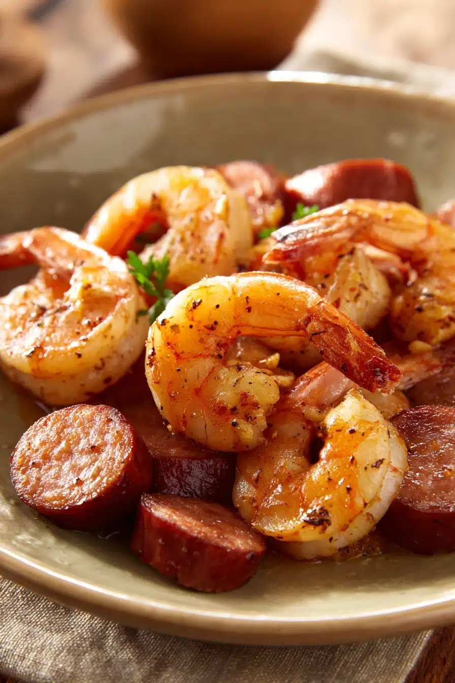 Close-up of air fryer shrimp and kielbasa with bright lighting and minimal background.