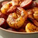 Close-up of air fryer shrimp and sausage with bright, natural lighting