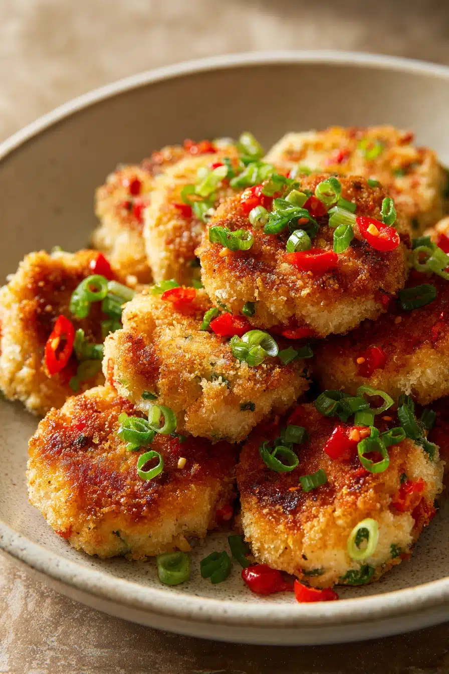 Close-up of golden brown air fryer shrimp cakes on a white plate with a clean background.