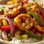 Close-up of air fryer shrimp fajita bowls with vibrant vegetables and shrimp