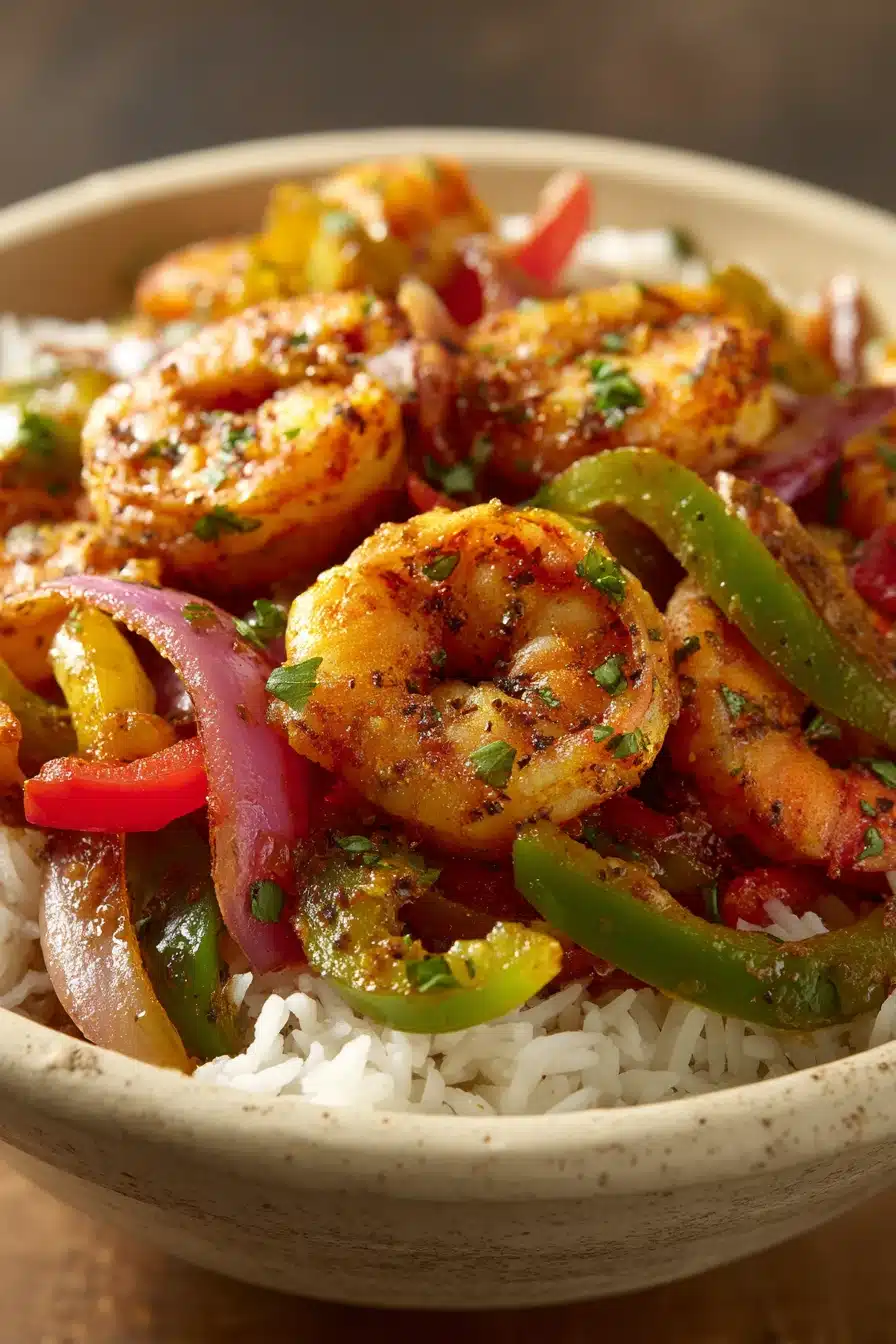 Close-up of air fryer shrimp fajita bowls with vibrant vegetables and shrimp