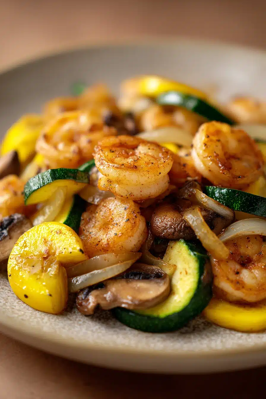 Close-up of air fryer shrimp hibachi with vibrant vegetables and rice