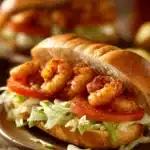 Close-up of a delicious air fryer shrimp po boy sandwich with crispy shrimp and fresh toppings.