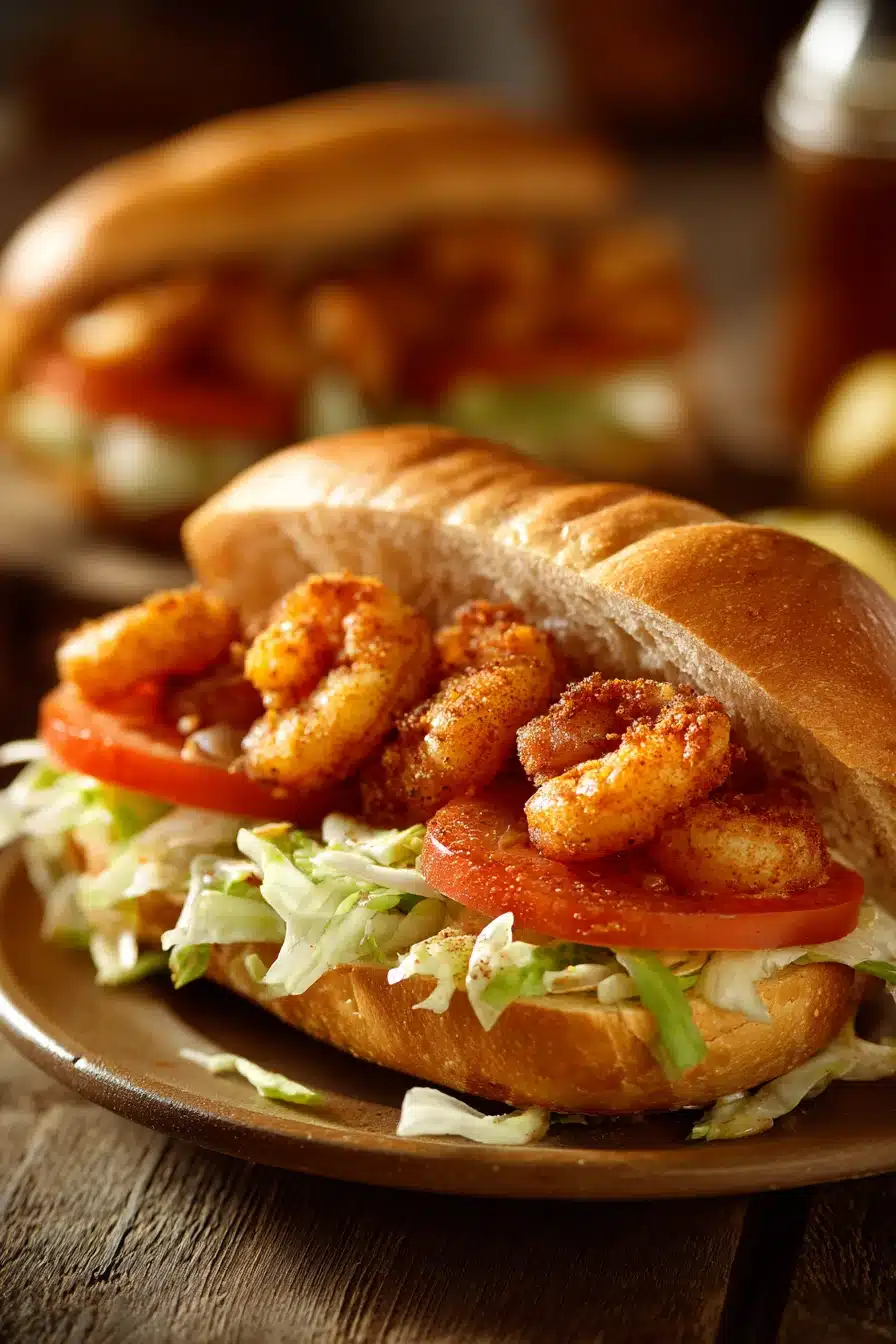 Close-up of a delicious air fryer shrimp po boy sandwich with crispy shrimp and fresh toppings.