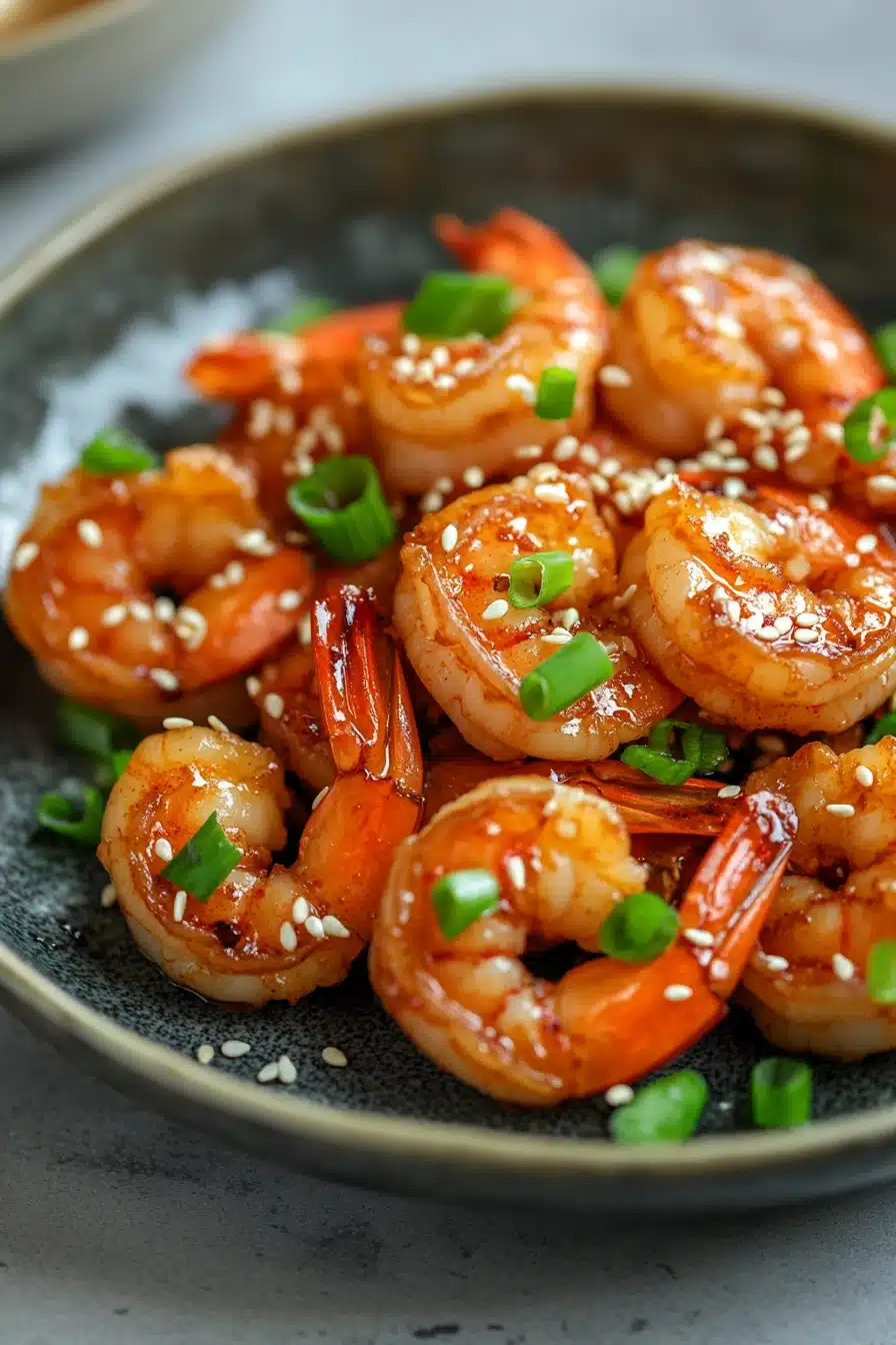 Close-up of air fryer shrimp teriyaki with a glossy sauce and garnished with sesame seeds.