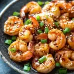 Close-up of air fryer shrimp teriyaki with a glossy sauce and garnished with sesame seeds.