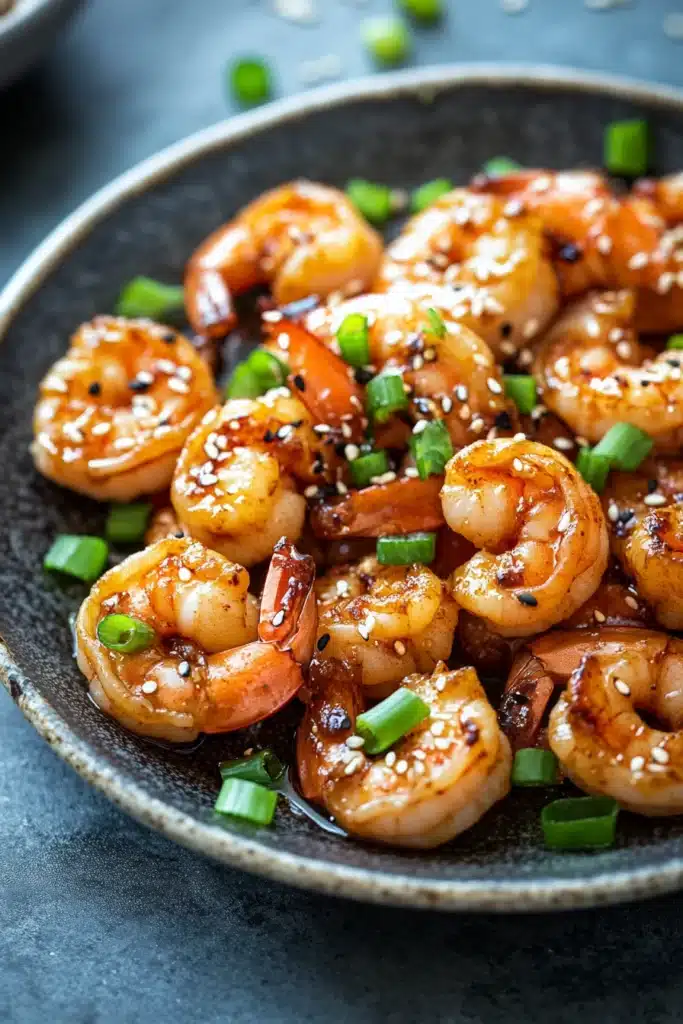 Close-up of air fryer shrimp teriyaki with a glossy sauce and garnished with sesame seeds.