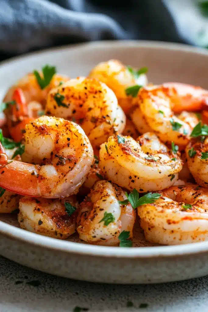 Close-up of air fryer shrimp with a golden crispy texture on a white plate.
