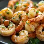Close-up of golden-brown air fryer shrimp on a white plate with lemon slices