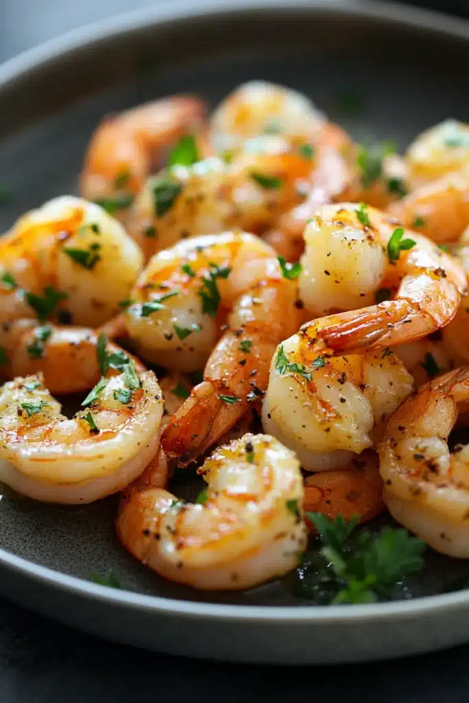 Close-up of golden-brown air fryer shrimp on a white plate with lemon slices