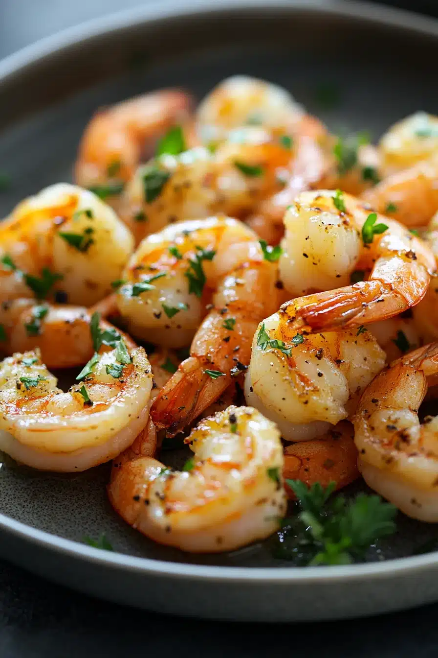 Close-up of golden-brown air fryer shrimp on a white plate with lemon slices