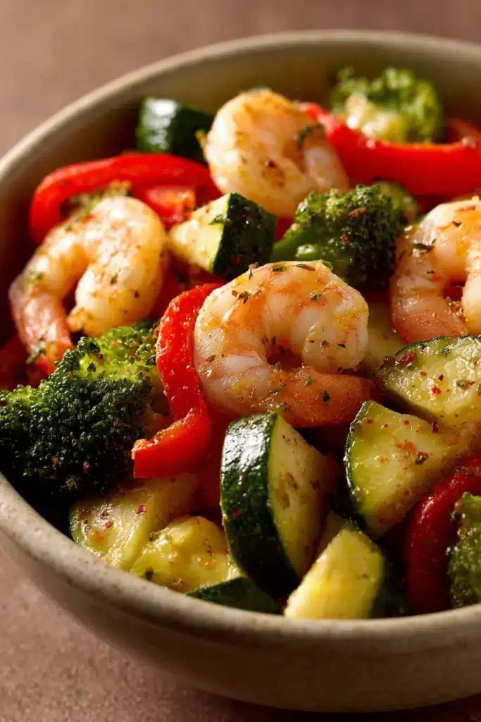 Close-up of air fryer shrimp with colorful vegetables in bright, natural lighting.