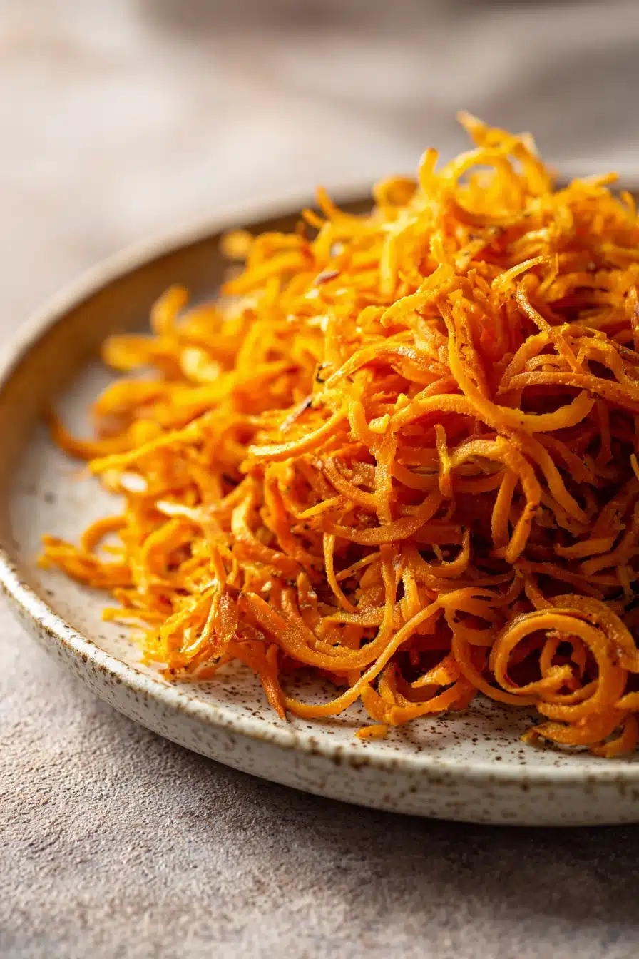Close-up of air fryer sweet potato noodles with vibrant colors and textures