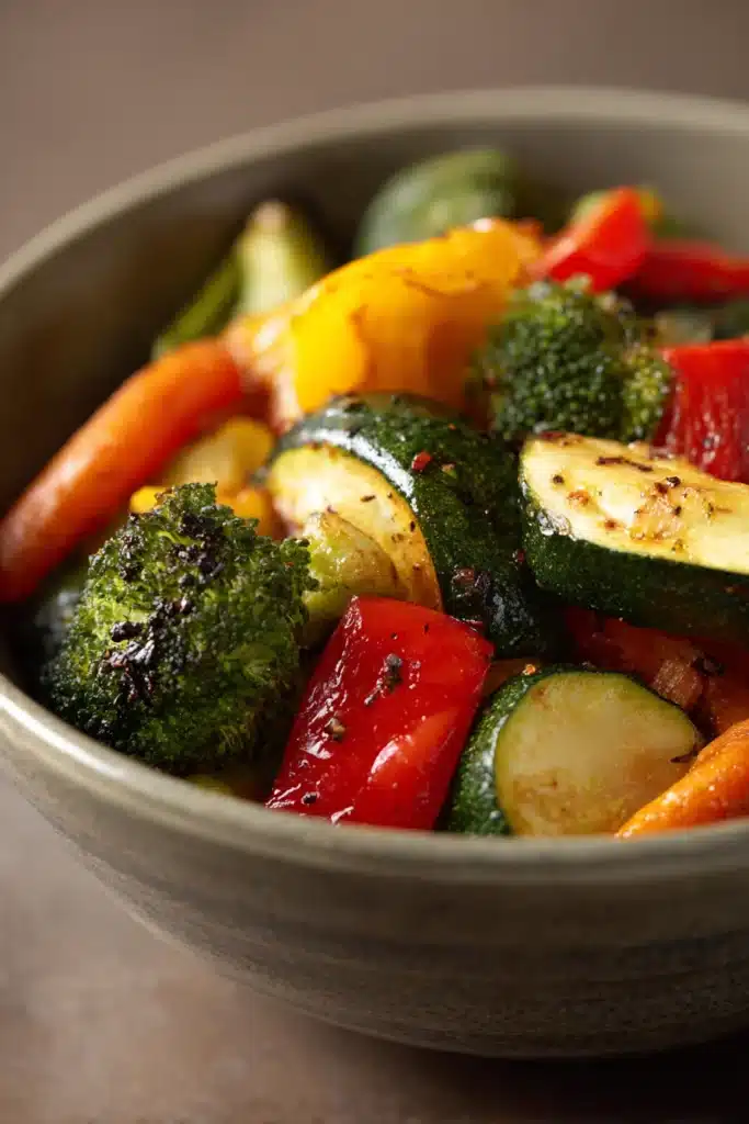 Close-up of a colorful air fryer vegetable medley with vibrant greens and reds.