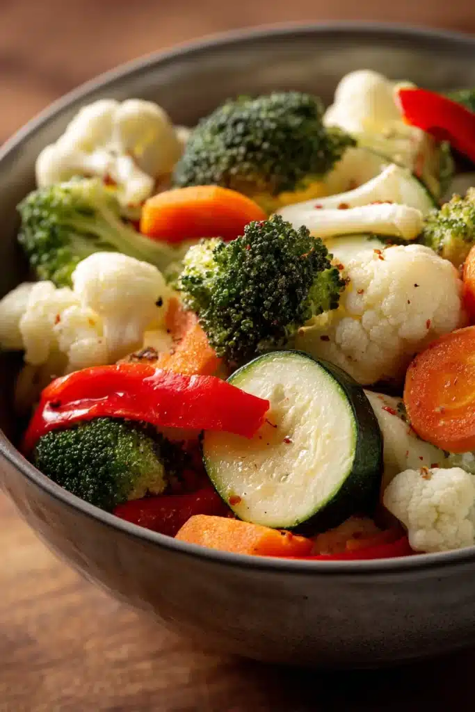 Close-up of a colorful air fryer vegetable medley with bright, fresh vegetables.