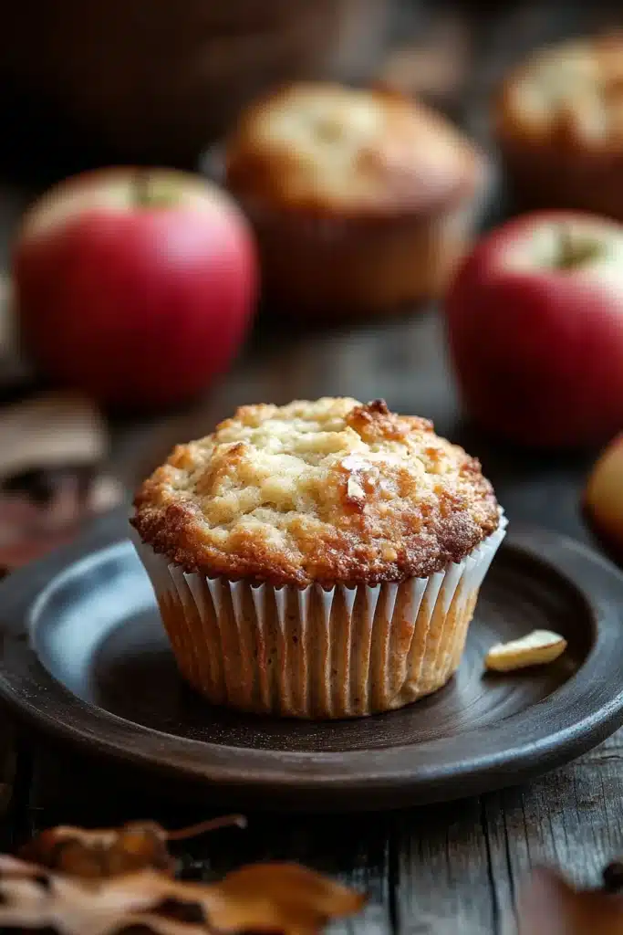 Close-up of freshly baked apple muffins on a wooden board, perfect for kids.