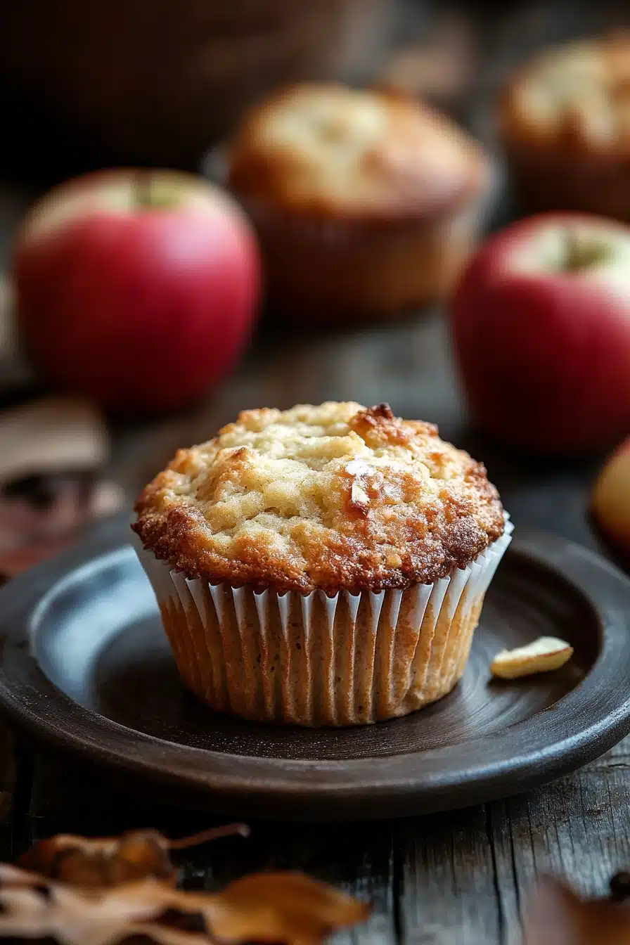Close-up of freshly baked apple muffins on a wooden board, perfect for kids.