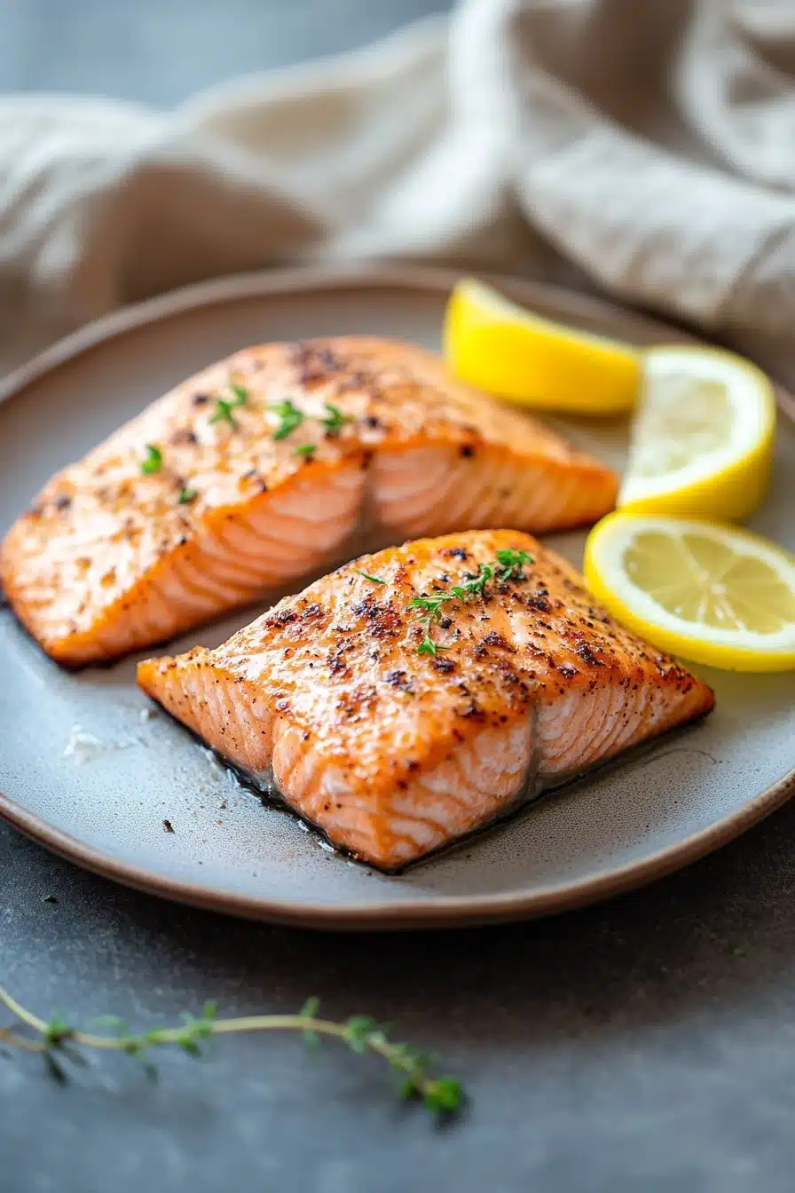 Close-up of baked salmon with a golden crust, garnished with herbs, showcasing a delicious air fryer recipe.