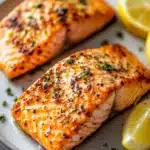 Close-up of baked salmon with herbs in an air fryer, showcasing a golden crust and fresh greens.