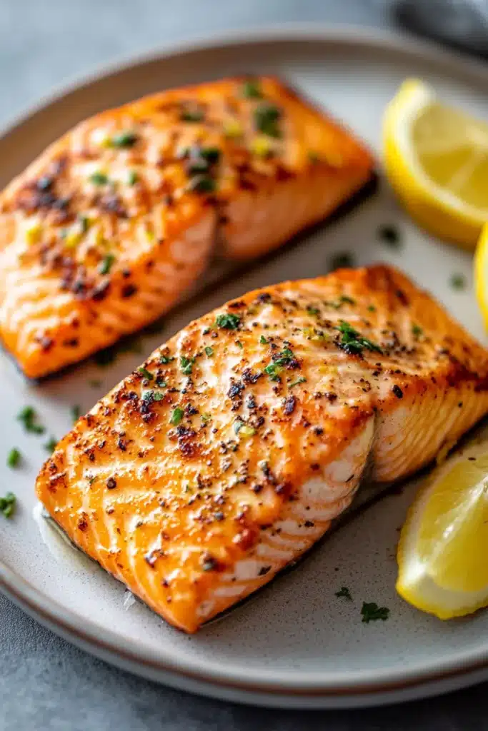 Close-up of baked salmon with herbs in an air fryer, showcasing a golden crust and fresh greens.
