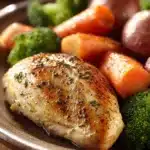 Close-up of baked chicken breast with creamy sauce on a clean plate