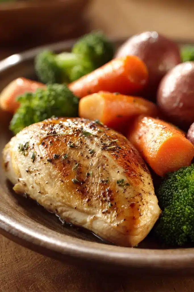 Close-up of baked chicken breast with creamy sauce on a clean plate