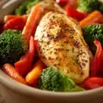 Close-up of baked chicken breast with herbs and a clean background