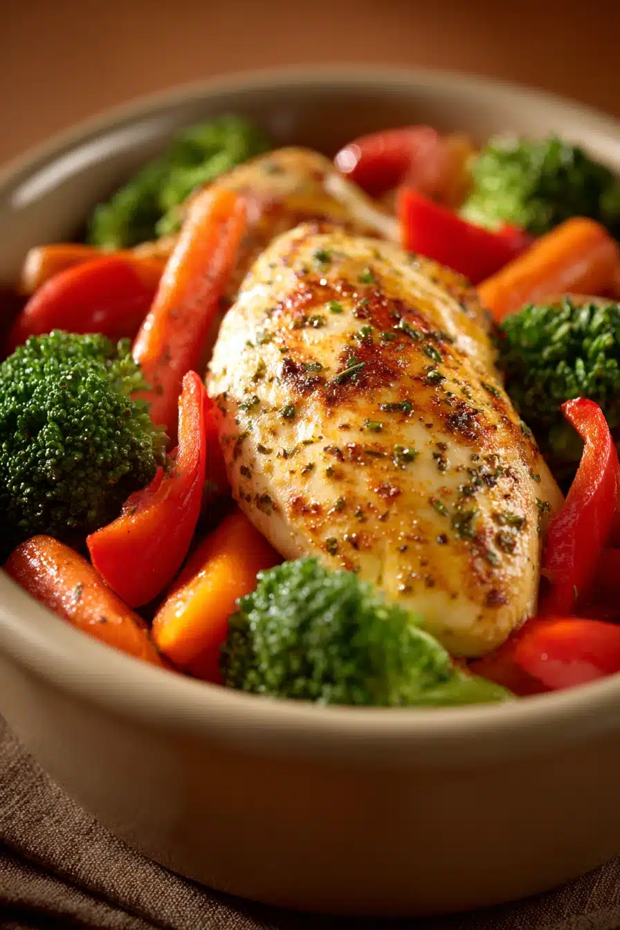 Close-up of baked chicken breast with herbs and a clean background