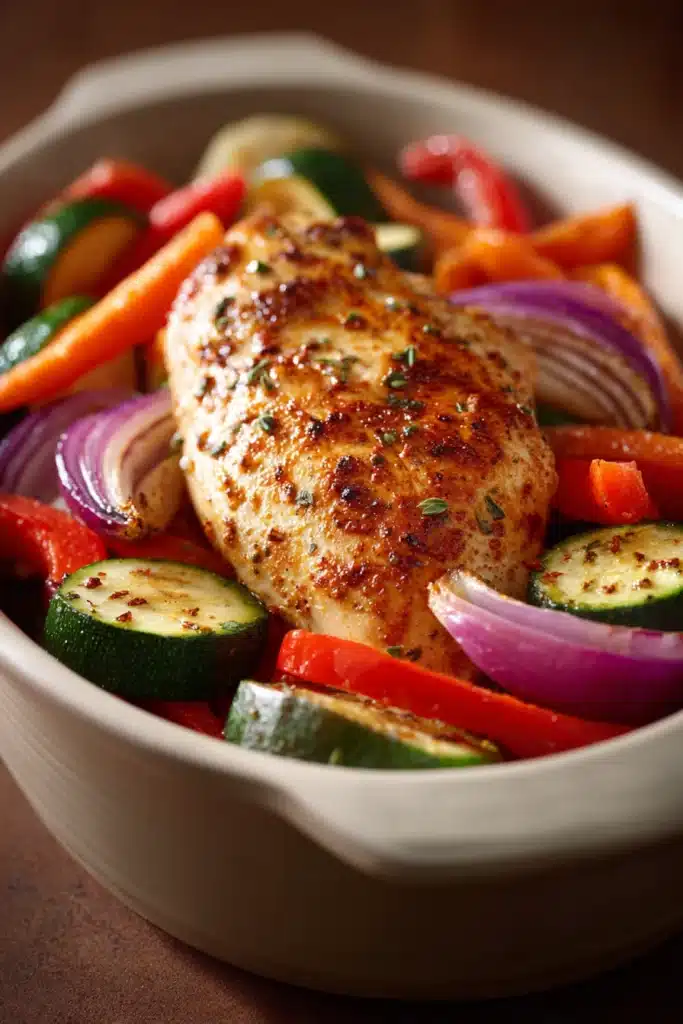 Close-up of a baked chicken breast with creamy sauce on a white plate