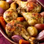 Close-up of baked chicken drumsticks with a golden-brown crust on a white plate.