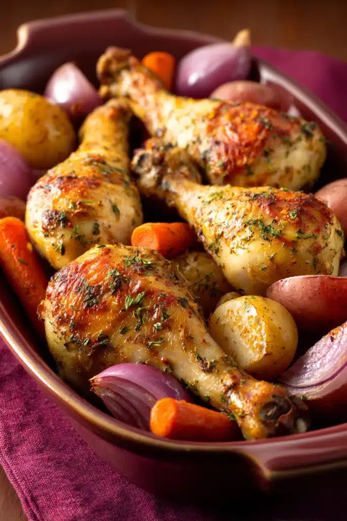 Close-up of baked chicken drumsticks with a golden-brown crust on a white plate.
