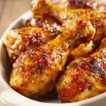 Close-up of baked chicken drumsticks with a golden marinade on a white plate.