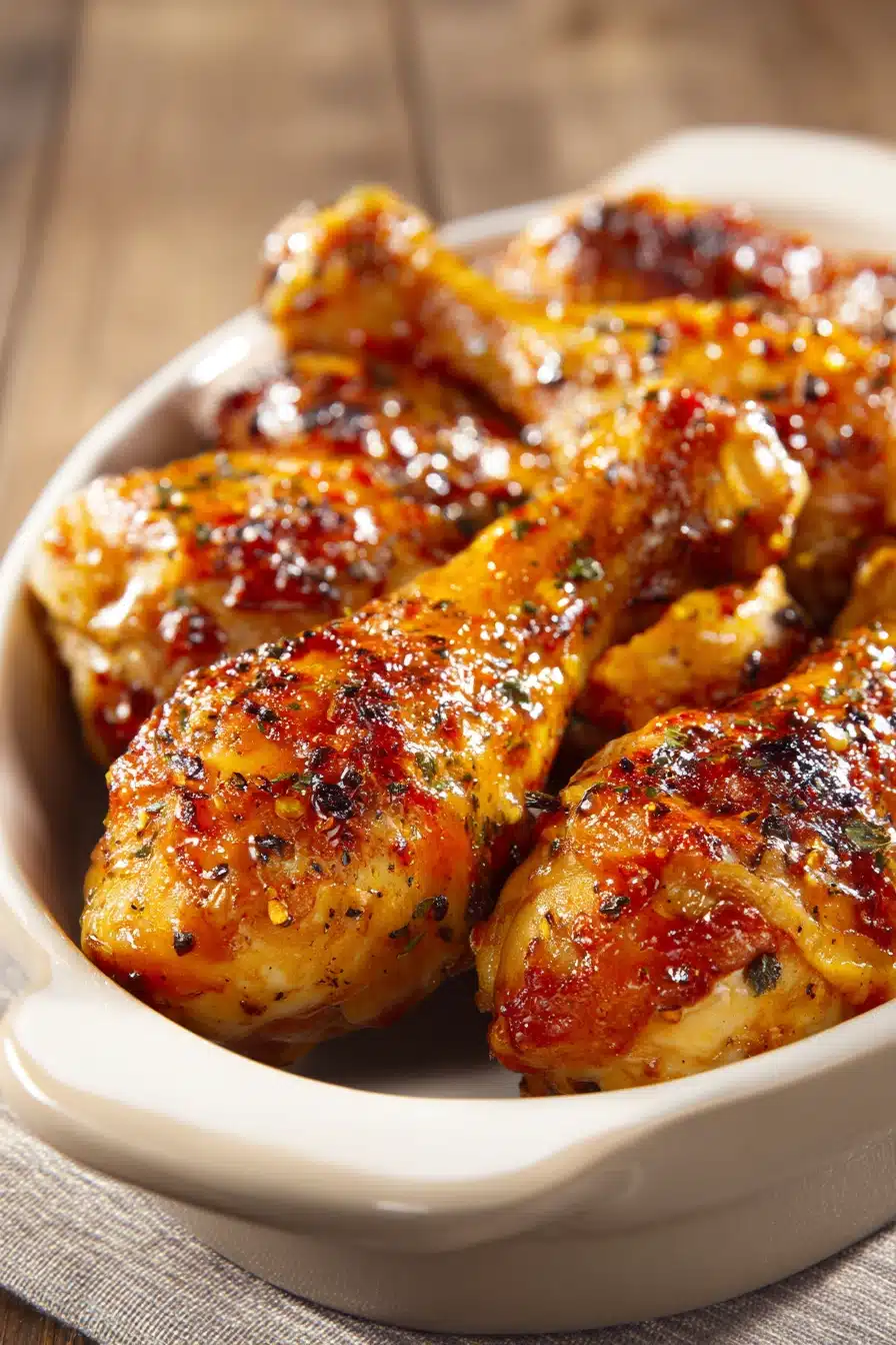 Close-up of baked chicken drumsticks with a golden marinade on a white plate.