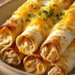 Close-up of baked chicken taquitos with golden crispy shells on a clean white plate.