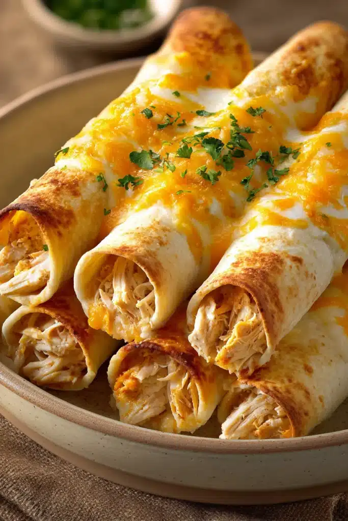 Close-up of baked chicken taquitos with golden crispy shells on a clean white plate.