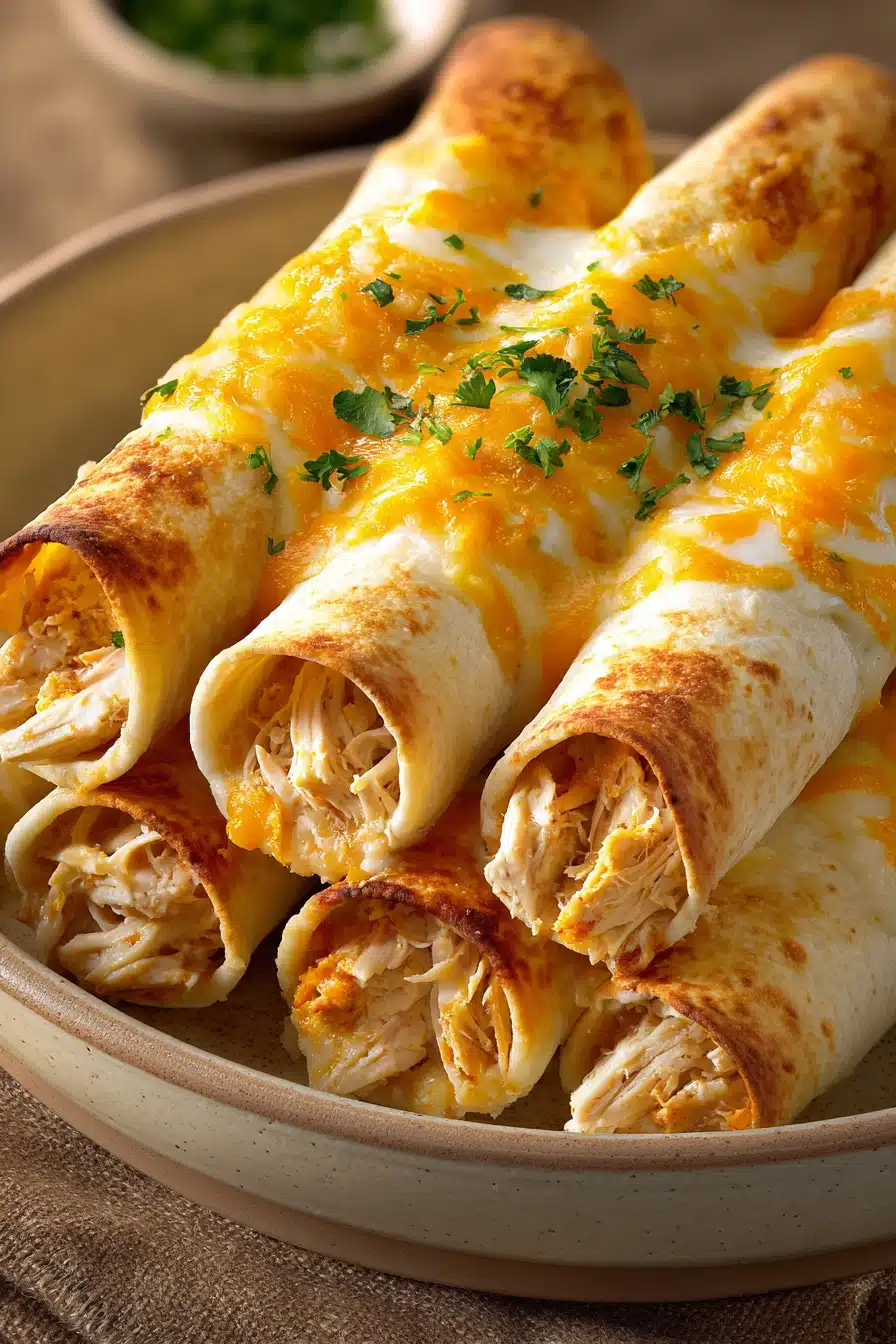 Close-up of baked chicken taquitos with golden crispy shells on a clean white plate.