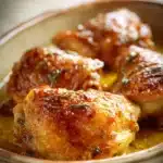 Close-up of baked chicken thighs with a marinade, showcasing appetizing textures and warm lighting.