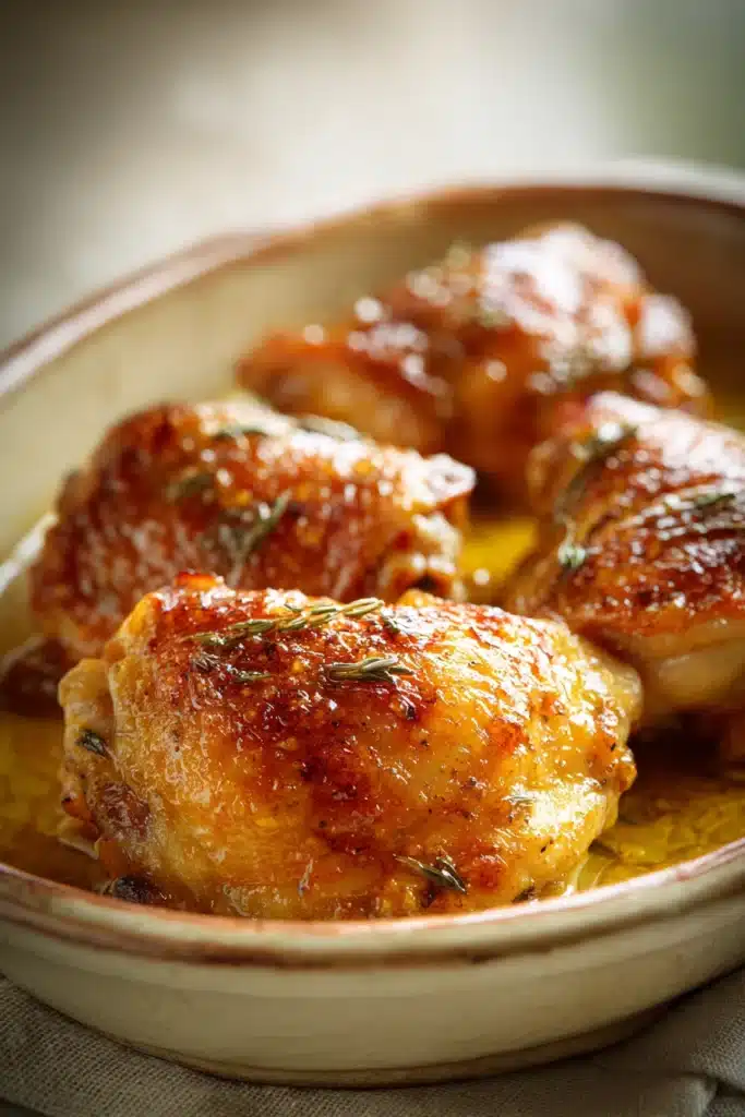 Close-up of baked chicken thighs with a marinade, showcasing appetizing textures and warm lighting.